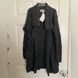 Aran Mõr 100% Merino Wool Cardigan Women's Dark Gray Cable Knit Sweater NWT